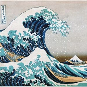KATSUSHIKA: GREAT WAVE. Men in boats among large waves, off shore of Kanagawa, with Mount Fuji in the background. Color woodcut by Hokusai Katsushika, c1830
