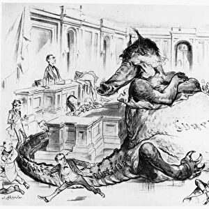 KEPPLER: SURPLUS CARTOON. Cartoon by Joseph Keppler showing the monster financial surplus crowding the hall of Congress in December 1887