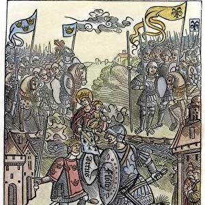 KING ARTHUR FIGHTS A GIANT. Protected by the Virgin. Woodcut, French, 1514