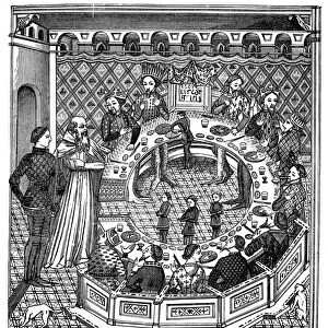 KING ARTHUR & KNIGHTS. King Arthur and his Knights at the Round Table. Line engraving after a 14th century miniature
