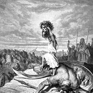 KING DAVID (d. 973 B. C. ). King of Judah and Israel. David and Goliath (I Samuel 17: 49, 51). Wood engraving after Gustave Dor