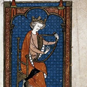 KING DAVID PLAYING HARP. Miniature illumination, France, late 13th century
