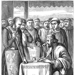 KING JOHN (1167-1216). King of England, 1199-1216. King John signing the Magna Carta at Runnymede, 15 June 1215. Wood engraving, 19th century