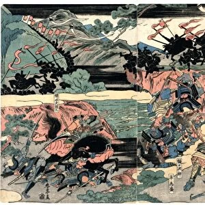 Also known as the battle of Tonamiyama. Suprise attack by the Minamoto clan against the Taira clan at the Kurikara Pass during the Genpei War, 1183. The Minamoto clan used deceit to inflate their numbers and tied torches to the horns of oxen. Woodcut by Shuntei Katsukawa, 1810s