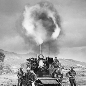 KOREAN WAR: ARTILLERY. An American 155mm Long Tom self-propelled cannon joins Allied artillery on Koreas east-central front, 19 May 1951