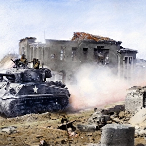 KOREAN WAR: TANK, 1951. An American First Division tank drives north through Chunchon, on the central front in Korea, March 1951. Oil over a photograph
