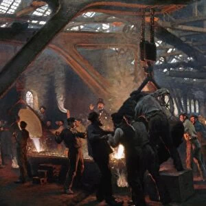 KROYER: STEELWORKS, 1885. Pouring steel ingots at the Burmeister & Wain Works at Copenhagen