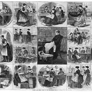 LABOR: WOMEN, 1868. Women and their work in the metropolis. Engraving from Harpers Bazaar by Stanley Fox, 1868