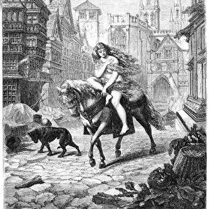 LADY GODIVA (11th CENTURY). Wife of Leofric, Earl of Mercia. Anglo-Saxon, gentlewoman, patron of the arts, equestrienne, and tax protester. Wood engraving, American, 1866, after Emanuel Leutze