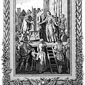 LADY JANE GREY (1537-1554). Queen of England, 9-18 July 1553. Lady Jane Gray addressing the spectators from the scaffold on which she was beheaded in the Tower, 12 February 1554. Copper engraving, English, 18th century