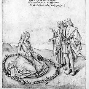 LADY AND SUITORS, c1500. Lady with three suitors. Pen and wash drawing over chalk