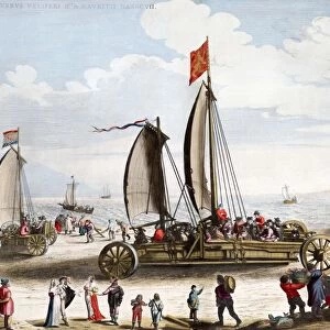 LAND YACHTS, 1649. Two land yachts designed by Simon Stevin for Prince Maurice of Orange to entertain his guests in the Netherlands. Engraving, 1649