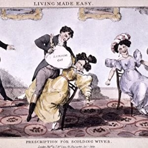 LAUGHING GAS, 1830. Prescription for scolding wives [with nitrous oxide / laughing gas]. English engraving, 1830