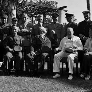 Leaders at the Cairo Conference, Egypt, which addressed the Allied position toward Japan during World War II. Front row, from left: Chiang Kai-Shek, Franklin Delano Roosevelt, Winston Churchill, and Madame Chiang Kai-Shek. Photographed on 25 November 1943