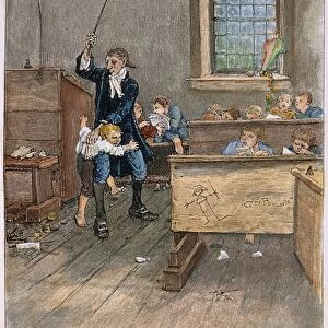 LEGEND OF SLEEPY HOLLOW. Spare the rod and spoil the child. The Yankee schoolmaster Ichabod Crane in the classroom. Line engraving after George Henry Boughton from a late 19th century edition of The Legend of Sleepy Hollow by Washington Irving