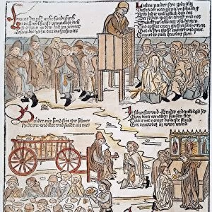 Lepers Banquet at Nuremberg. A German popular woodcut, 1493, reflecting the conditions of lepers, who were allowed to enter the city only on certain holidays, when they attended Mass, said Confession, took Communion, and feasted before returning to everyday isolation