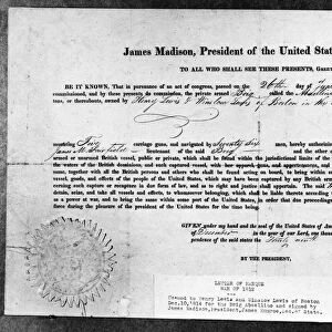 Letter of marque issued by President James Madison for the privateer ship Abaellino of Boston, Massachusetts, during the War of 1812