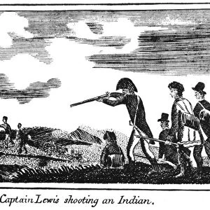 LEWIS & CLARK: INDIANS 1811. Meriwether Lewis shooting a Native American during the Lewis & Clark Expedition. Copper engraving, 1811, from Patrick Gass Journal of the Lewis & Clark Expedition
