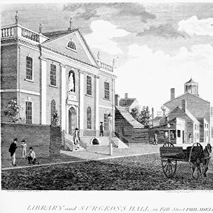 Library Company of Philadelphia (founded by Benjamin Franklin, whose statue stands in the niche above the door) and Surgeons Hall on Fifth Street, Philadelphia, Pennsylvania. Line engraving, 1799, by William Birch & Son