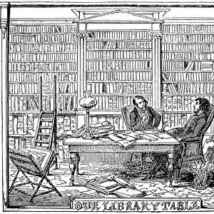 OUR LIBRARY TABLE, 1842. George Cruikshank (1792-1878) with the novelist William Harrison Ainsworth (1805-1882), several of whose works Cruikshank illustrated. Wood engraving, 1842, by Cruikshank for Ainsworths Magzaine