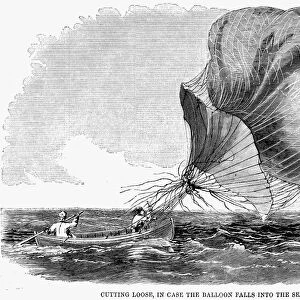 The lifeboat carried by John Wises Atlantic balloon was to have enabled the passengers to survive a descent at sea. Wood engraving, 1859
