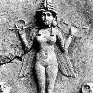 LILITH, c1950 B. C. The Burney Relief, a Babylonian cult plaque of the demoness Lilith, the first wife of Adam according to rabbinic tradition. Terracotta relief, c1950 B. C