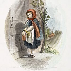 Little Red Riding Hood at the door to her grandmothers home. American engraving, 19th century, after Felix O. C. Darley