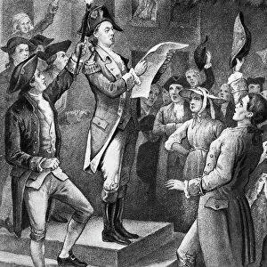 Liutenant Colonel Tench Tilghman of General Washingtons staff announcing the surrender of Cornwallis from the steps of the State House in Philadelphia, 23 October 1781. American lithograph by Currier & Ives, 1876