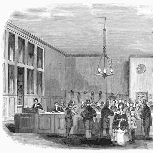 LONDON: BANK, 1844. Interior of Rogers Bank in Clements Lane, London. Wood engraving, English, 1844