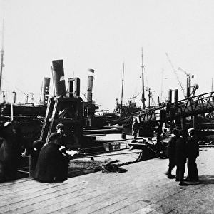 LONDON: BILLINGSGATE, c1915. View of the wharf at Billingsgate, London, England