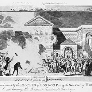 LONDON: GORDON RIOTS, 1780. A London mob burning Newgate prison on 6 June 1780 during the No-Popery, or Gordon Riots in England. Contemporary English copper engraving