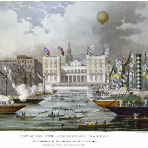 LONDON: MARKET, 1833. The opening of the new Hungerford Market on the Strand in London, England, July 1833, is celebrated on the nearby Thames River and with George and Margaret Grahams balloon ascending from the market. Contemporary English lithograph