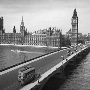 LONDON: PARLIAMENT. Houses of Parliament, Big Ben and Westminster Bridge crossing the Thames in Lodon, England. Photograph, c1955