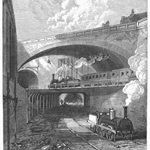 LONDON: RAILWAY, 1868. The newly completed Clerkenwell tunnel junction. Wood engraving, English, 1868
