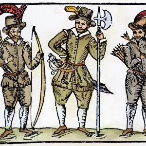 LONGBOWMEN, 16th CENTURY. English longbowmen and a halberdier (center). Woodcut