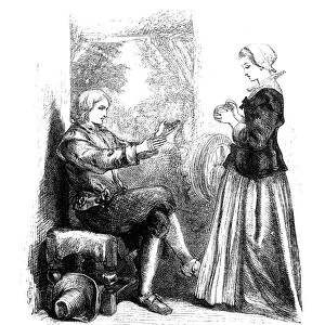 LONGFELLOW: STANDISH, 1859. The Courtship of Miles Standish by Henry Wadsworth Longfellow. Wood engraving, 1859, by the brothers Dalziel after a drawing by John Gilbert