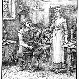 LONGFELLOW: STANDISH. Priscilla Mullens wondering to John Alden why Miles Standish does not woo her himself. Wood engraving after George Henry Boughton (1833-1905) from a late 19th century edition of Henry Wadsworth Longfellows poem, The Courtship of Miles Standish