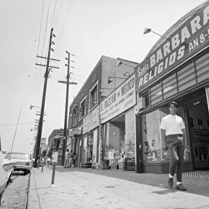 LOS ANGELES, 1965. Storefronts in a Mexican neighborhood of Los Angeles, California