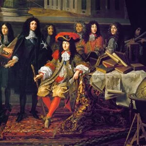LOUIS XIV (1638-1715). King of France, 1643-1715. Louis (seated at center) in a symbolic commemoration of the founding of the Science Academy in 1666 and the Observatory in 1667; Jean-Baptiste Colbert stands at the kings right, and the architect Charles Perrault stands behind a pile of books. Detail of a painting, c1667, by Henri Testelin, after Lebrun