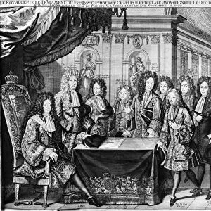 LOUIS XIV (1638-1715). King of France, 1643-1715. Louis XIV accepting the last will and testament of King Charles II of Spain to leave his empire to Philippe de France, Duke of Anjou, 1700
