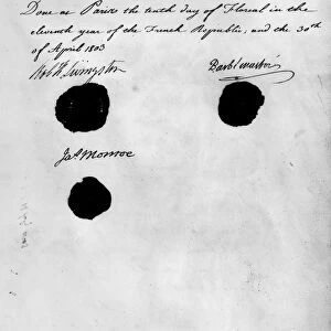 LOUISIANA PURCHASE, 1803. The signatures and seals of Robert Livingston, James Monroe