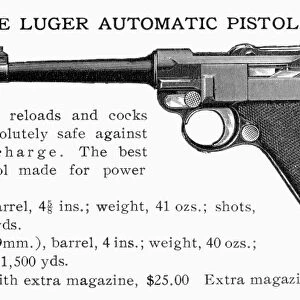 LUGER AUTOMATIC PISTOL. American advertisement for a Luger automatic pistol, early 20th century