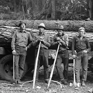 LUMBERJACKS, 1939. Five lumberjacks of the Ola self-help sawmill cooperative, Gem County, Idaho