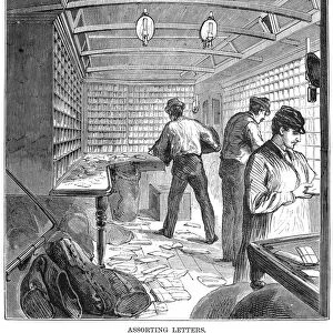 MAIL TRAIN, 1875. Sorting the mail on the Lightning Express mail train between New York and Chicago, Illinois. Wood engraving, 1875