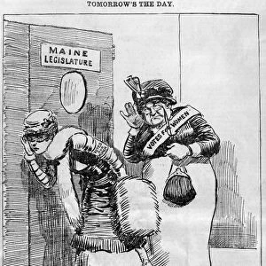 MAINE: WOMENs SUFFRAGE. Tomorrows the Day. Women listening at the door as the Maine State Legislature votes on an act to grant women the right to vote for presidential electors. Cartoon from a Maine newspaper of 1920