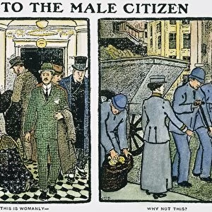 To the Male Citizen / If This Is Womanly - Why Not This? Cartoon by Mary Ellen Sigsbee, c1910, supporting the right of women to engage in civil professions and occupations, especially in supervisory capacities