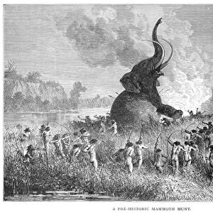 MAMMOTH HUNT. A prehistoric mammoth hunt. Wood engraving, late 19th century