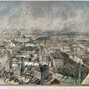 MANCHESTER, ENGLAND, 1876. A bird s-eye view of the city of Manchester, England, during the Industrial Revolution: English engraving, 1876