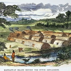 MANHATTAN VILLAGE. Native American longhouses on Manhattan Island before the Dutch settlement of New Amsterdam (New York City). Colored engraving, 19th century