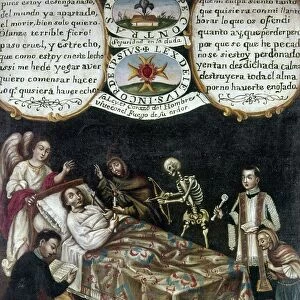 MANUSCRIPT: DEATHBED. Catholic manuscript showing a deathbed scene. Mexican